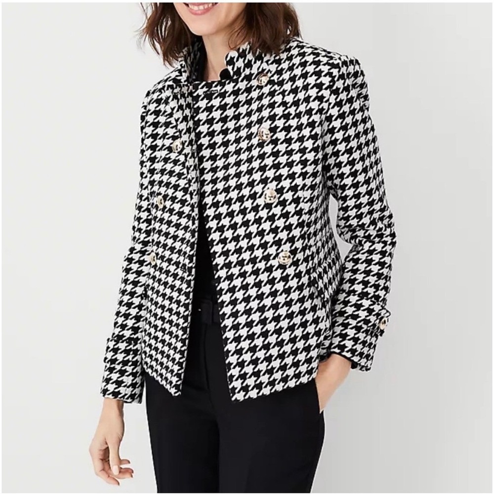Ann Taylor Black White Houndstooth Double Breasted Military Blazer Jacket Sz 0
